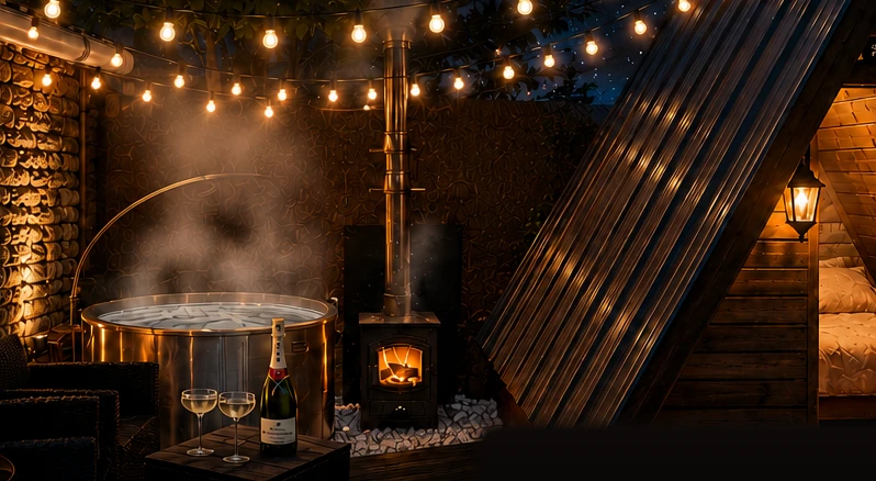 Le bain nordique, le poêle à bois et le brasero de L'Écrin, ambiance du soir
