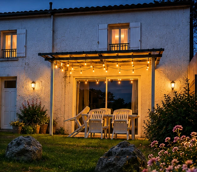 La maison L'Escale à la tombée de la nuit, sa terrasse couverte et son jardin