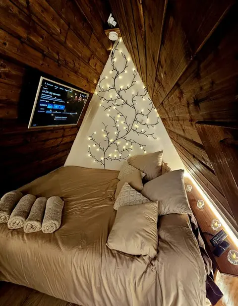 L'intérieur de la cabane : lit double, guirlande lumineuse et TV